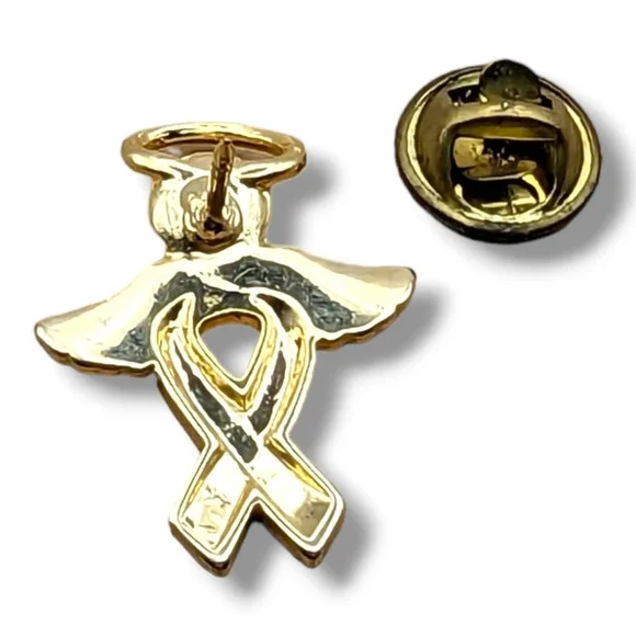 Pink Ribbon Gold Tone Angel Rhinestone Hat Lapel Pin Brooch Brest Cancer - Picture 3 of 4